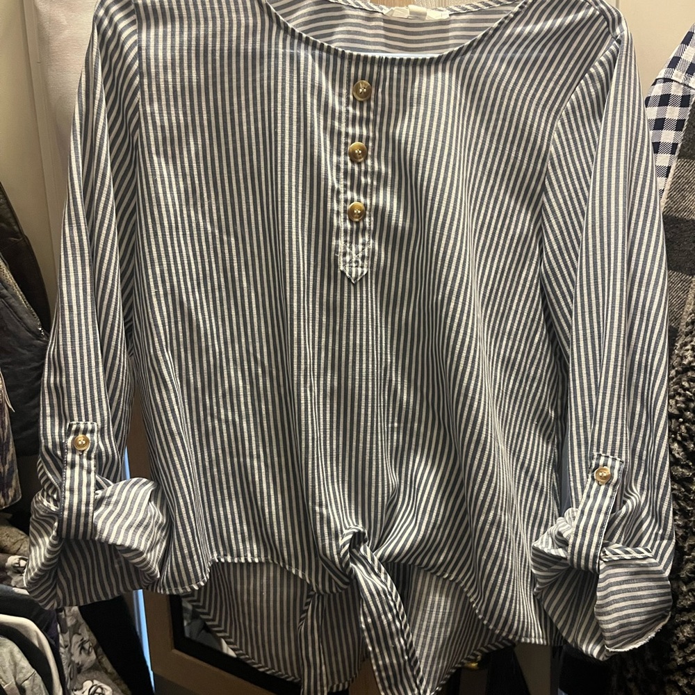 E & M Navy Striped Button-Front and Back Blouse - Picture 2 of 9